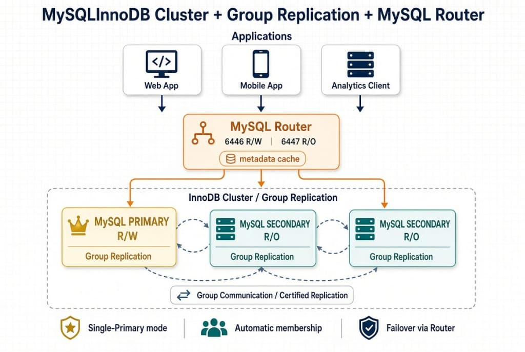 MySQL InnoDB Cluster + Group Replication + MySQL Router Topology