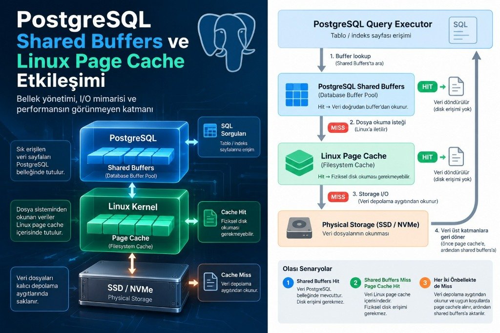 PostgreSQL Shared Buffers ve Linux Page Cache Etkileşimi Şeması